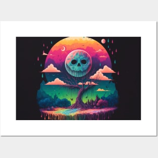 A Full Skull Moon Smiles Down On You - Psychedelic Landscape - Paint Dripping 3D Illustration - Colorful Haunted Nature Scene Posters and Art